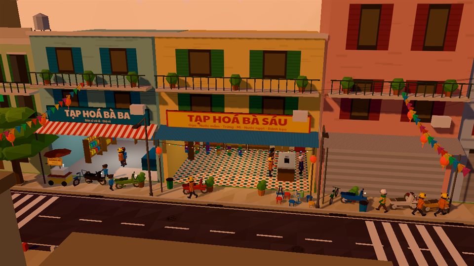 Dãy phố low-poly lúc hoàng hôn với tiệm Tạp Hoá Bà Sáu và tiệm Bà Ba